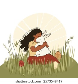 Girl hugging white Easter bunny in a sunny grassy field