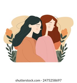 La chica abraza a otra chica por la espalda, sonríe. El concepto de amistad femenina, relaciones lesbianas, hermanas, familia. Vector gráfico.	