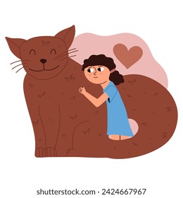 Girl hugs a big cat. Vector illustration in hand drawn style