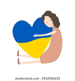 The girl hugs a big heart with the colors of the flag of Ukraine. Love Ukraine concept. Support for Ukraine. No war. Ukraine in the heart. Support against fighting. Stock vector illustration.