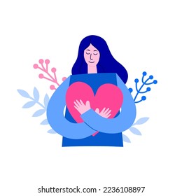 Girl hugs big heart with love. Young woman with long hair loves herself isolated on white background. Skin care concept. Find time for yourself. Mental and physical health.