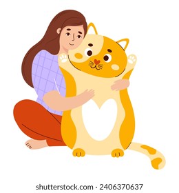 Girl hugs big plush toy cat. Soft anti-stress cuddly oversized pillow toy. woman with comfortable cute animal to sleep and play. Vector illustration in flat style