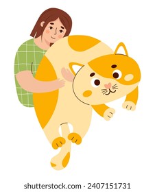 Girl hugs big toy cat. Soft plush anti-stress huggable toy. Person with comfortable cute soft animal to sleep and play. Vector illustration in flat style