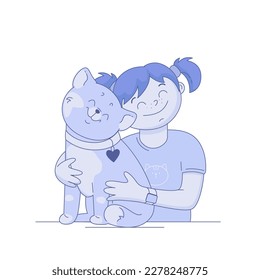 A girl hugs a cat, love for animals, pets. Vector graphics