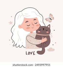 A girl hugs a cat. Text Love. Cute cartoon Bohemian Scandi nursery posters in beige and gray colors. Boho vector print 