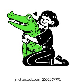 girl hugs a crocodile, woman with an alligator cute illustration, cartoon vector