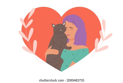 Girl hugs cuddles cute cat with love vector illustration. Cartoon young pretty woman character hugging funny kitten, pet owner and sweet animal inside red heart, scrapbook element isolated on white