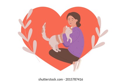 Girl Hugs Cuddles Cute Cat With Love Vector Illustration. Cartoon Young Pretty Woman Character Hugging Funny Kitten, Pet Owner And Sweet Animal Inside Red Heart, Scrapbook Element Isolated On White