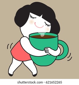 Girl Hugs A Cup Of Coffee Concept Card Character illustration