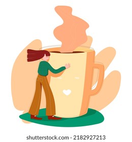 Girl hugs a cup of coffee, hot chocolate or tea, coffee love, for cards, flyers, decorations, print, website. Cute illustration in flat style.