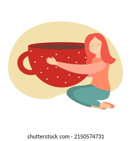 Girl hugs cup, coffee lover, girl with cup of tea, morning coffee, sleepy girl with coffee, addicted to coffee, addicted to tea, hot drink, happy girl with mug, flat illustration