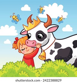 Girl hugs a cute cow in the summer with butterflies. Vector illustration with a child and a farm animal in a cartoon style.