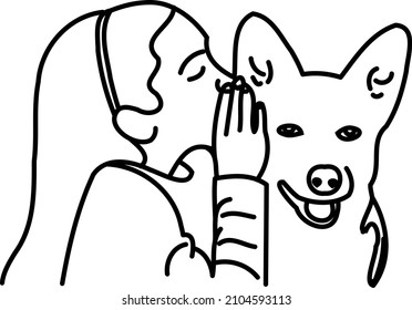 A girl hugs the cute dog with one arm while covering her mouth with the other and whispering in the dog's ear some things she thinks should not be overt. Human animal friendship. Art line illustration