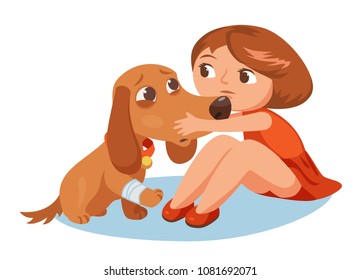 girl hugs a dog with a broken leg. children and Pets, veterinary care vector illustration