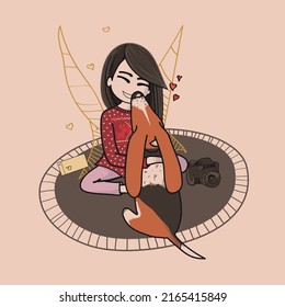 The girl hugs the dog. Flat style. Vector illustration. Dog Love