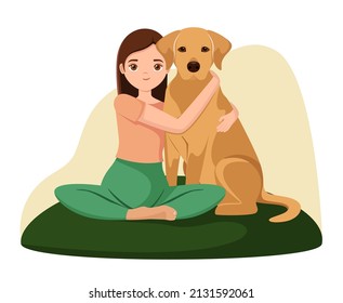 A girl hugs a dog. Love for animals. Cartoon design. Vector illustration.
