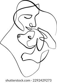 A girl hugs a dog - vector illustration (sketch), one-line silhouette without background (clipart). The emotion of love between people and animals