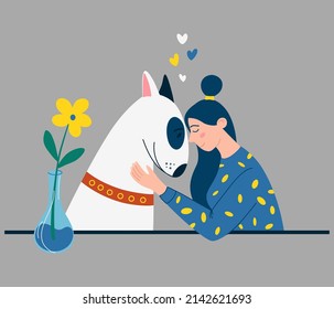 La chica abraza a un perro. Mujer y un toro. Abrazando a amigos animales domésticos, a personajes de dueños de mascotas amando y sosteniendo. Amor y amistad entre personas y mascotas. Animales caninos. Ilustración del vector