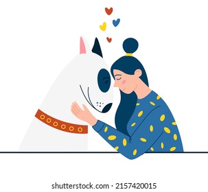 Girl hugs a dog. Woman and a bull terrier. Hugging domestic animal friends, pet owner characters loving and holding. Love and friendship between people and pet. Canine animal. Vector illustration