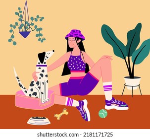 Girl hugs a dog. Woman and a Dalmatian. Hugging domestic animal friends, pet owner characters loving and holding. Love and friendship between people and pet. Canine animal. Vector illustration