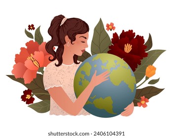 Girl hugs the earth. Environmental problems. Earth Day. International Mother Earth Day. Vector modern flat illustration