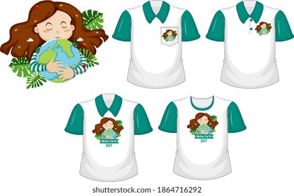 A girl hugs the earth logo and set of white shirt with green short sleeves isolated on white background illustration