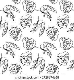 Girl hugs earth on white backdrop. Zero waste seamless pattern for wallpaper, wrap paper, sleeper, bath tile, apparel or bed linen. Phone case or cloth print. Doodle style stock vector illustration