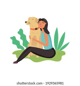 Girl hugs golden retriever dog. Happy Pet Owners vector illustration