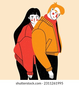 The girl hugs the guy behind his back. A couple of young people. Concept, love, friendship, tender relationship. Vector illustration in a flat, cartoon style