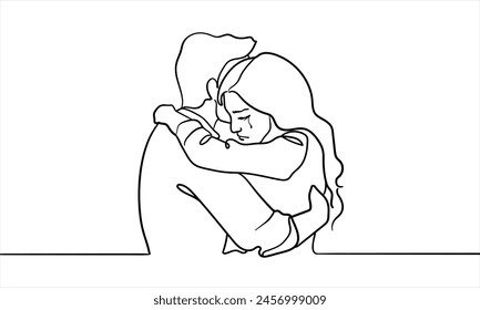 Girl hugs guy continuous line art drawing isolated on white background. Sadness, support, sympathy. Vector illustration