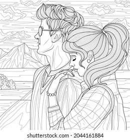 Girl hugs a guy in the mountains.
Couple in love. Coloring book anti stress for children and adults. Illustration isolated on white background. Zen-tangle style. Hand draw