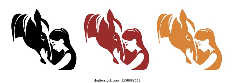 girl hugs horse’s head, leaned against her forehead, stroking her