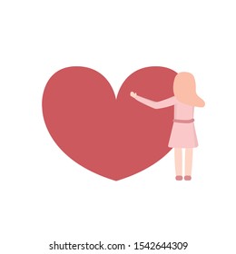 Girl hugs a heart. Back view. A symbol of love and kindness. Vector flat illustration.