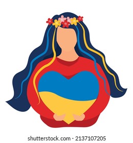 The girl hugs a heart with the colors of the flag of Ukraine. stay with Ukraine concept. Support for Ukraine. No war. Ukraine in the heart. Vector illustration.