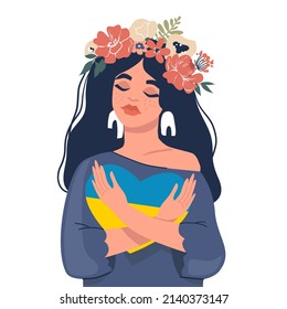 The girl hugs a heart with the colors of the flag of Ukraine. The concept of stay with Ukraine . There is no war. Support for Ukraine. Vector illustration. Isolated.