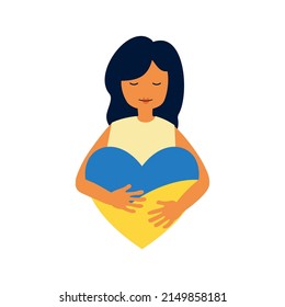The girl hugs a heart with the colors of the flag of Ukraine. Concept "No to war". Vector flat illustration isolated on white background.