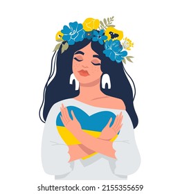 The girl hugs a heart with the colors of the flag of Ukraine. The concept of stay with Ukraine . There is no war. Support for Ukraine. Vector illustration. Isolated.