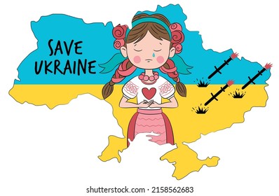 The girl hugs a heart with the colors of the flag of Ukraine. Stop War text with Ukraine map. Ukraine vector