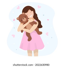 The girl hugs her beloved bear. Toys, childhood. Vector graphics