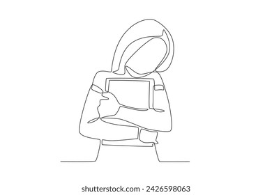 A girl hugs her book. Kids and books one-line drawing