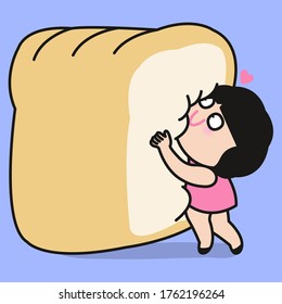 Girl Hugs Her Favourite Loaf Of Bread Concept Card Character illustration