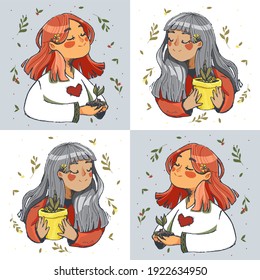 The girl hugs her flowerpot and the girl with a lump of soil in her hands. Vector illustration of love of nature. For a poster or postcard
