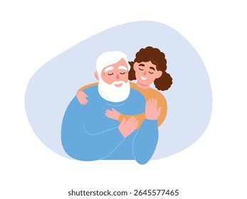 Girl hugs her grandfather with gray hair and beard. Happy family of different generations. Vector flat graphics.