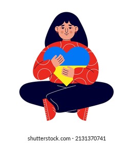 The girl and hugs her heart with the colors of the flag of Ukraine. The concept of a world without war. Support for Ukraine. There is no war. Ukraine is in the heart. Vector Illustration