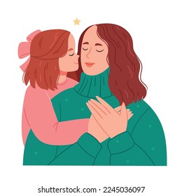 The girl hugs her mother and kisses her on the cheek. Mother's Day. Family. Simple Hand drawn illustration.