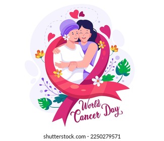 A girl hugs her mother who has cancer with love. with a red ribbon and flowers. World cancer day concept illustration