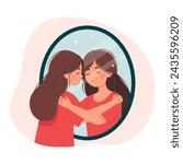 Girl hugs her reflection in the mirror. Mental health and self love. Concept of self-love and self-acceptance. Young woman and her mirroring