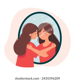 Girl hugs her reflection in the mirror. Mental health and self love. Concept of self-love and self-acceptance. Young woman and her mirroring