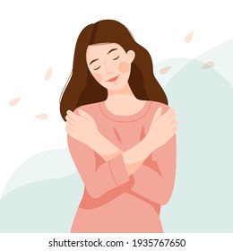 The girl hugs herself by the shoulders. A woman loves her body and takes care of herself. Love yourself concept. Self care. Vector flat illustration.
