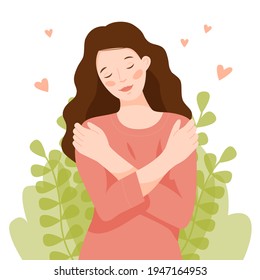 The Girl Hugs Herself By The Shoulders. A Woman Loves Her Body And Takes Care Of Herself. Love Yourself Concept. Self Care. Vector Flat Illustration.